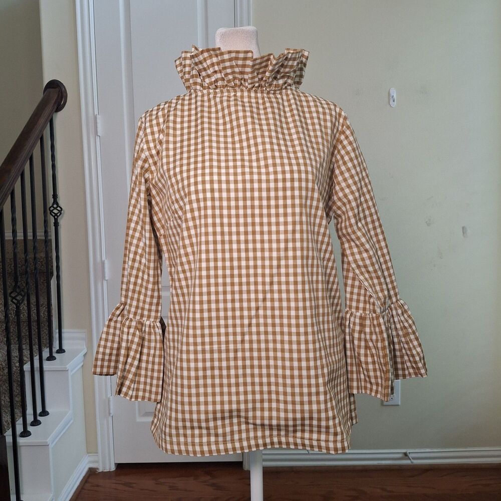 Elizabeth Wilson Brown Gingham Blouse Top Ruffle Neck Bell Sleeve Cottagecore S